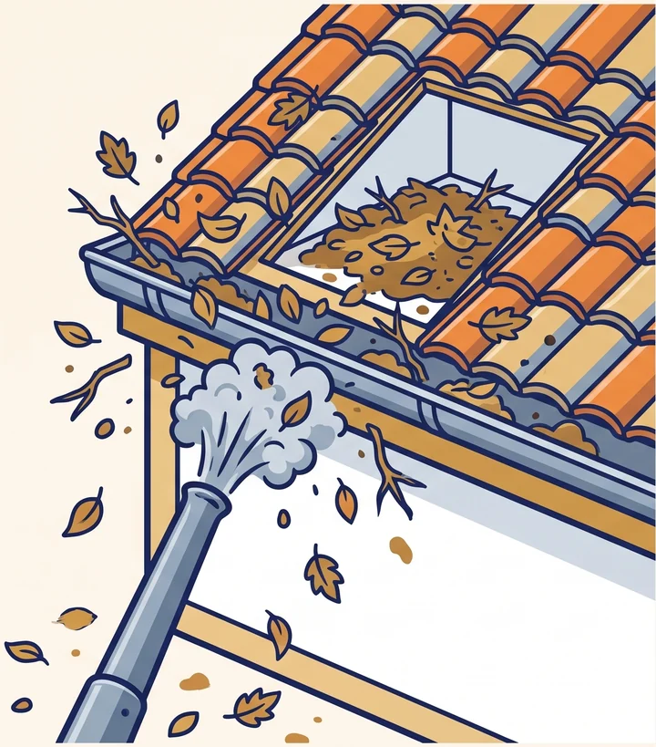 Drawing: a leaf blower blasting a gutter, leaves flying everywhere and a pile of debris pushed up under the tiles into the roof cavity
