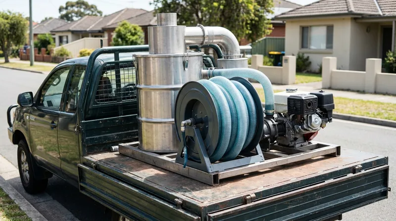 Industrial gutter vacuum unit with stainless collection drum and hose reel mounted on a work ute tray