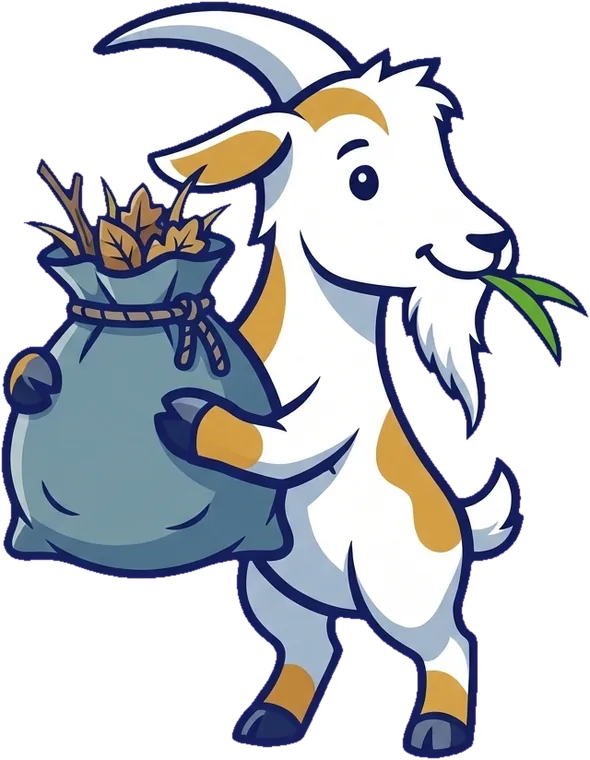 The Gutter Goat mascot holding up a full sack of leaves and twigs vacuumed out of a gutter