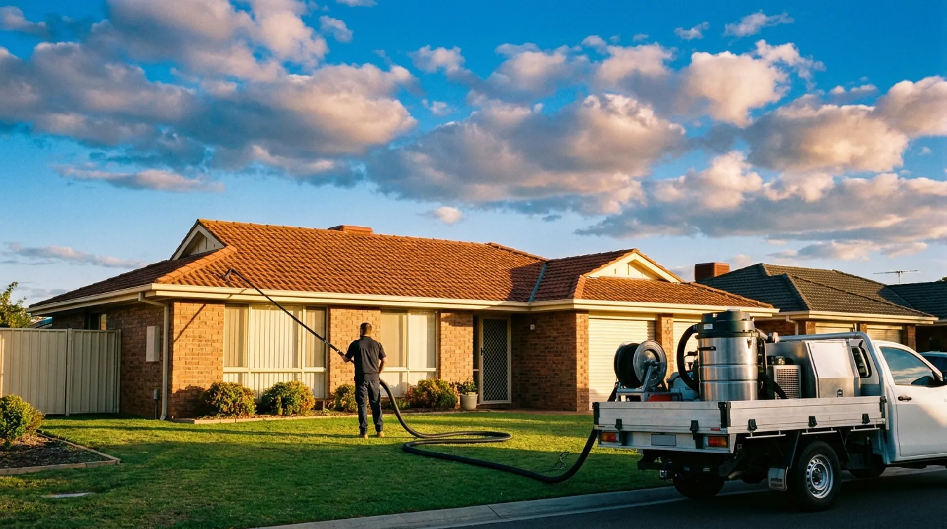 Gutter Goat technician vacuuming gutters from the ground with a carbon-fibre pole, hose running to the industrial vacuum unit on the ute